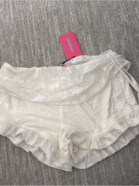Edikted White Lace-Trim Ruffle Shorts